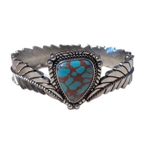 Southwestern Silver Tone Faux Turquoise Feather Hinged Cuff Bracelet Statement